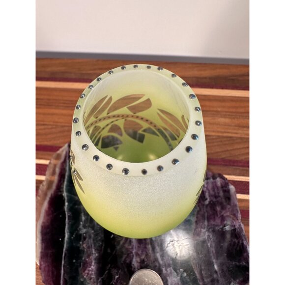 Handcrafted Frosted Green Glass Vase With Silver Accents & Intricate Leaf Design - Picture 6 of 10